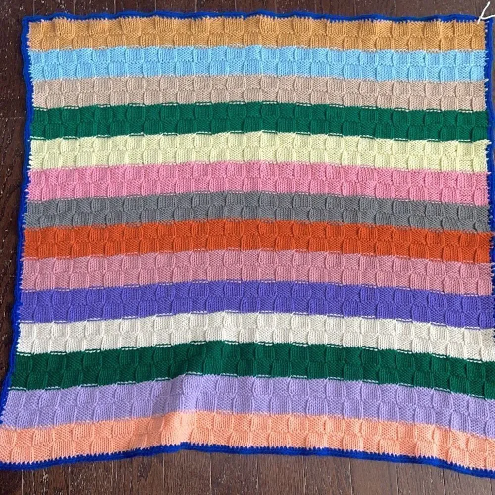 Handmade Multicolor Basketweave Knit Stitch Square Granny Baby Throw Blanket 36”